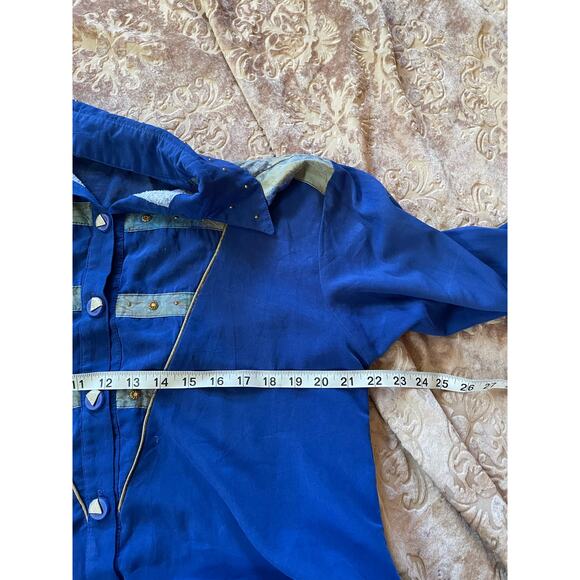 Vintage Silk Military Inspired Button Up Shirt Royal Blue Statement Top Size XL - Picture 4 of 4